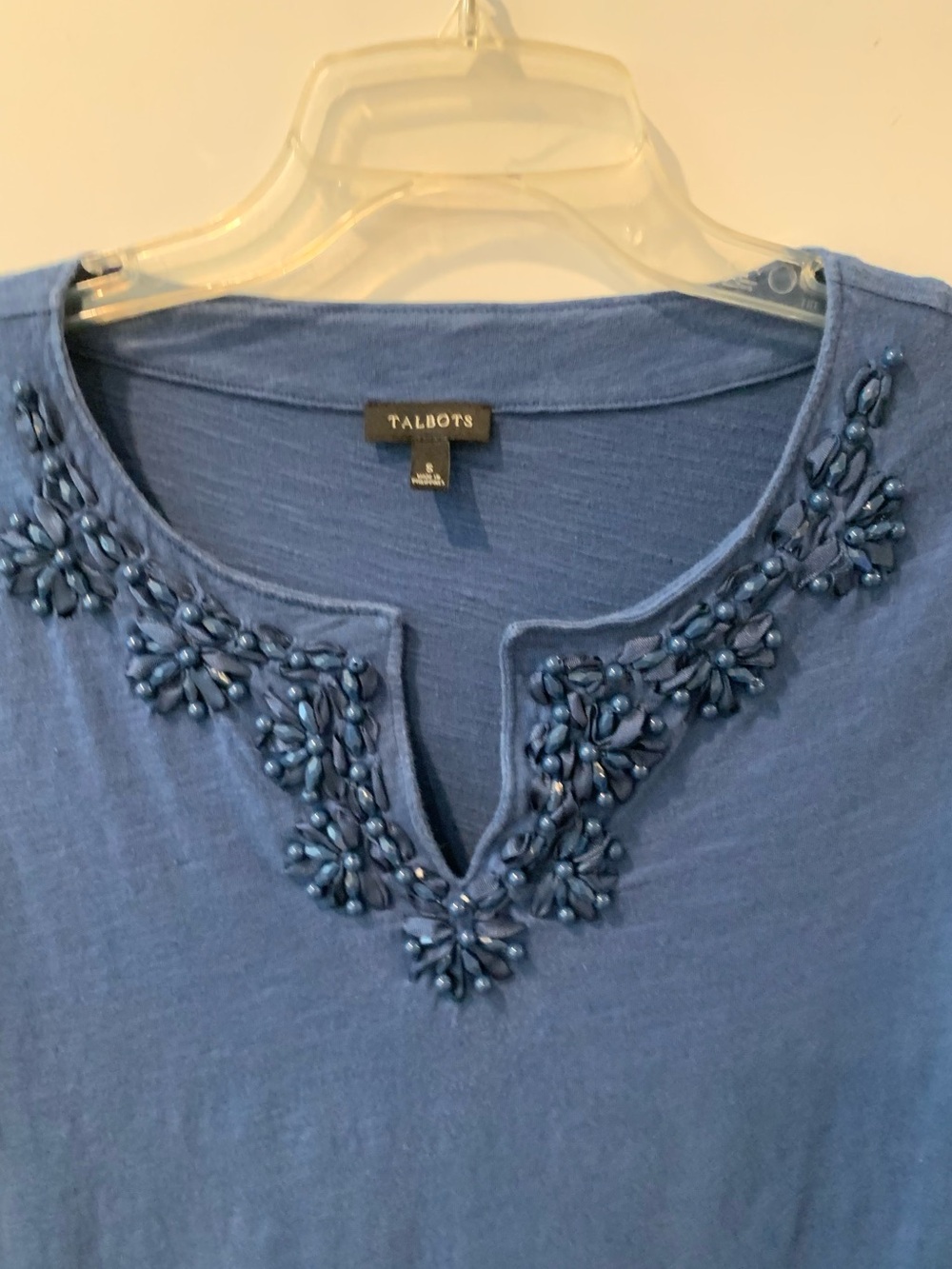 Talbots Blue 3/4 Length Sleeve V-Neck Top with Beaded Trim - Picture 2 of 5